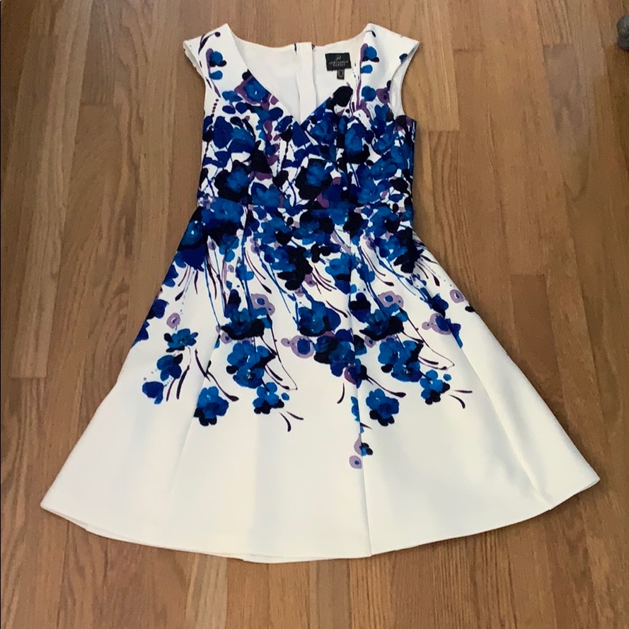 White Fit And Flare Dress 4 Blue/Purple Flowers